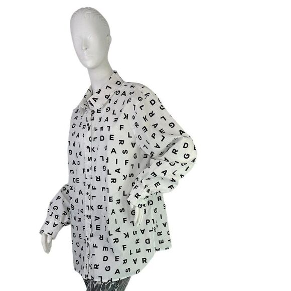 Karl Lagerfeld Paris White Cotton Mongram Tossed Alphabet Button Down Shirt, L - Picture 1 of 11